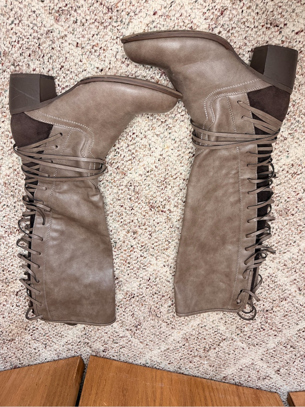 Taupe Lace-Up Knee-High Women’s Boots - Picture 2 of 7